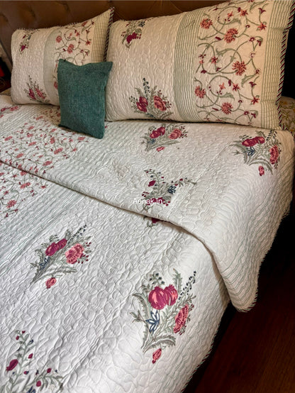 Kashmiri Boota Handblock Reversible Quilted Bedcover Set