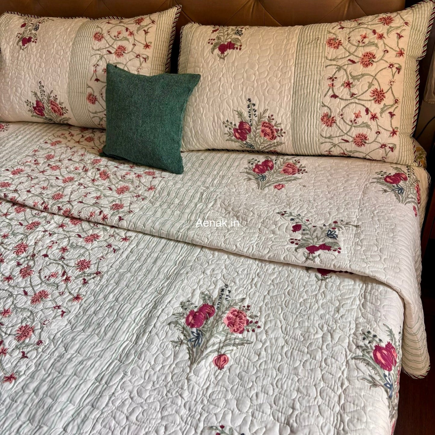 Kashmiri Boota Handblock Bedsheet + Quilted Bedcover Combo Set