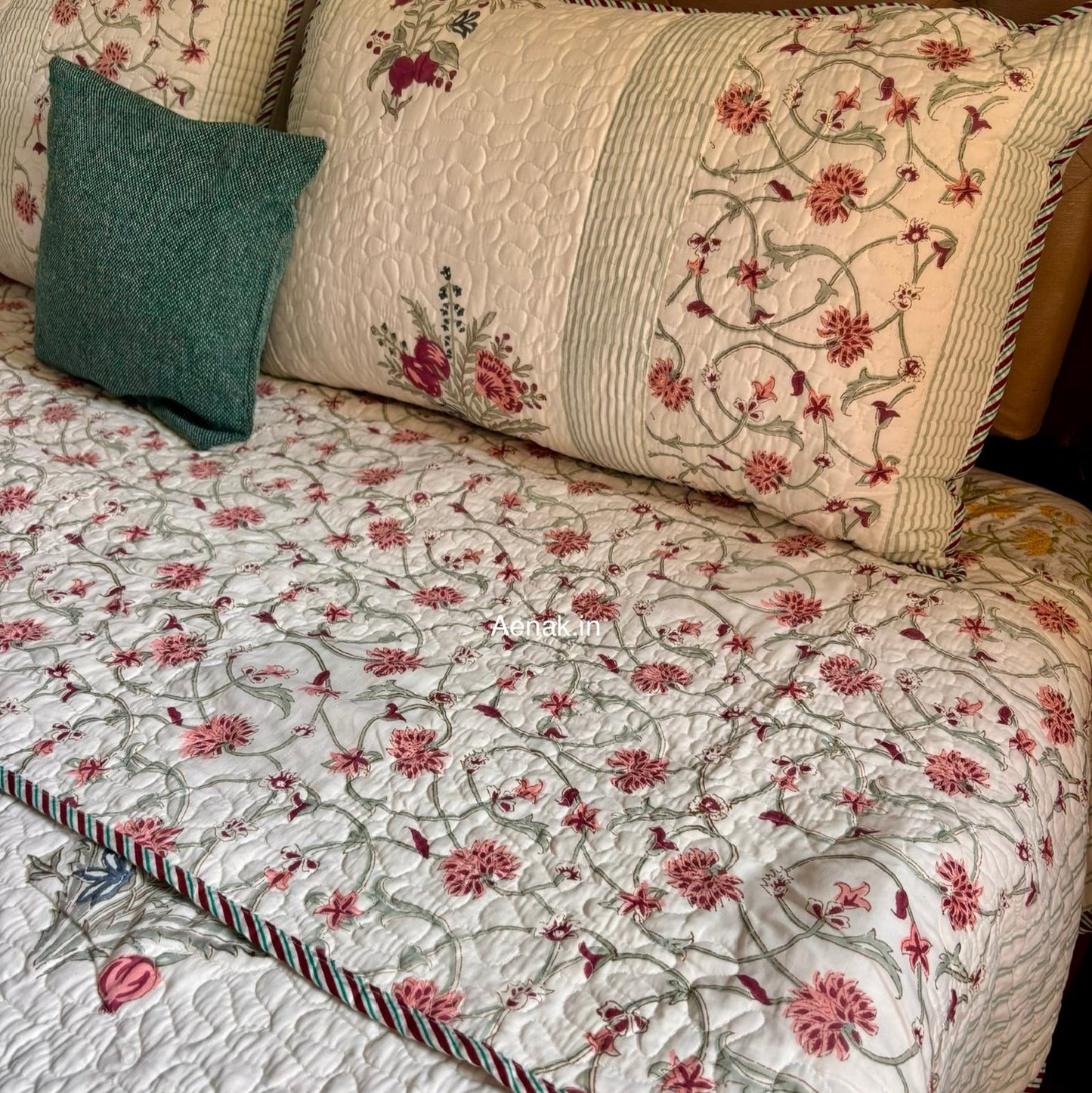 Kashmiri Boota Handblock Bedsheet + Quilted Bedcover Combo Set