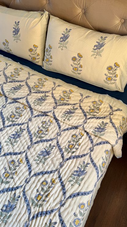 Blue Periwinkle Handblock Printed Reversible Mulmul Cotton Quilt (Beige Base)