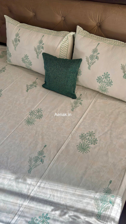 Sea Green Blossom Handblock Premium Cotton Bedsheet Set