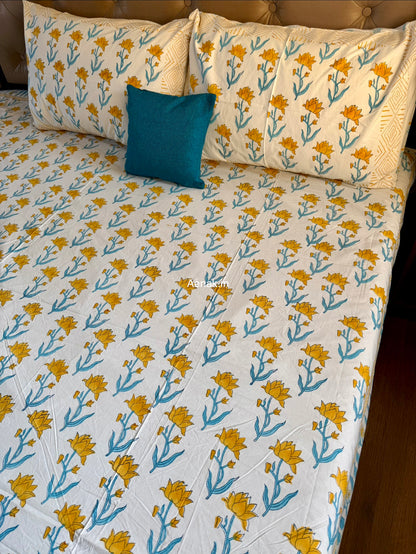 Yellow Blue Lotus Handblock Premium Cotton Bedsheet Set