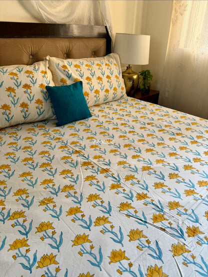 Yellow Blue Lotus Handblock Premium Cotton Bedsheet Set