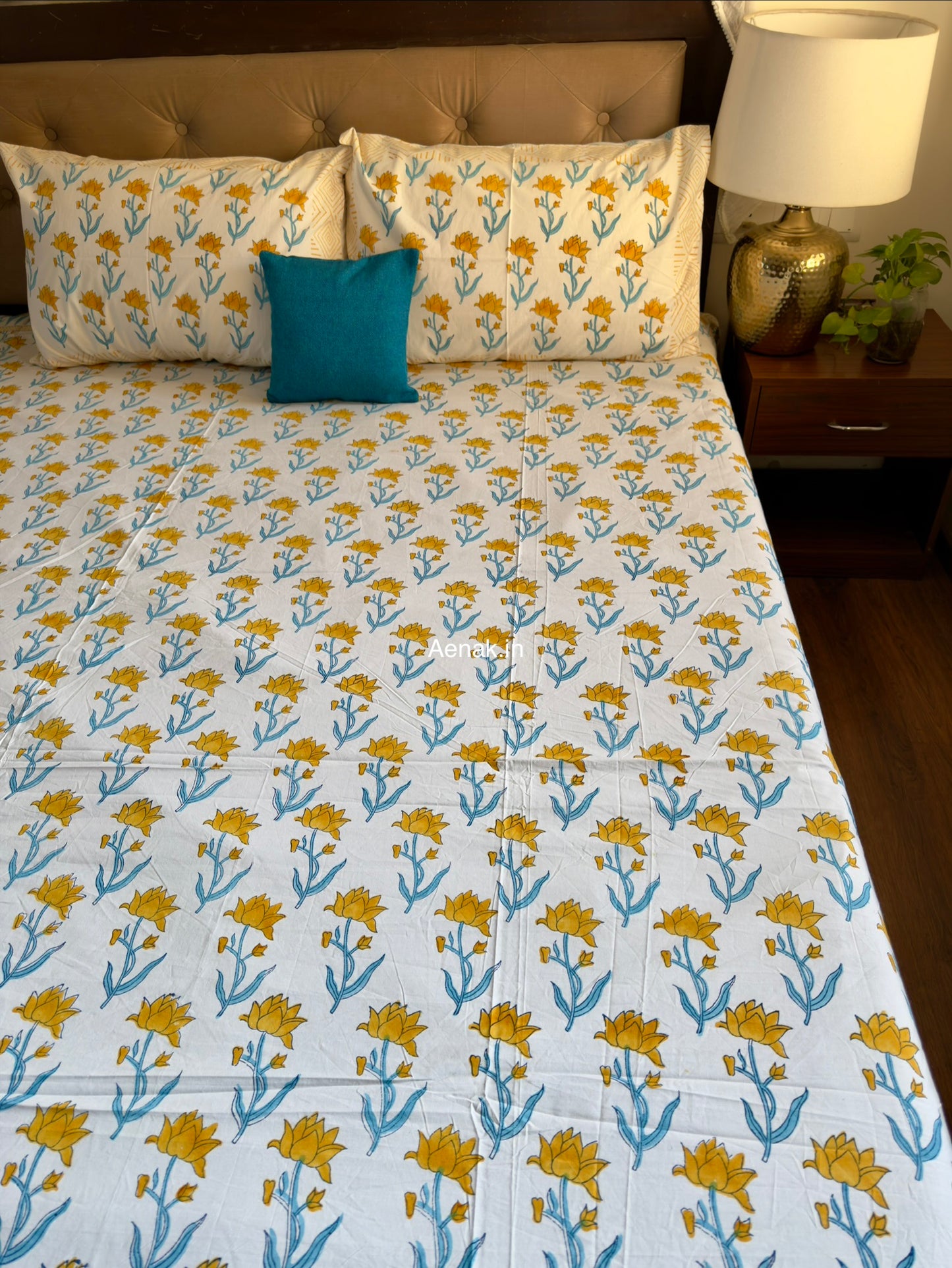 Yellow Blue Lotus Handblock Premium Cotton Bedsheet Set