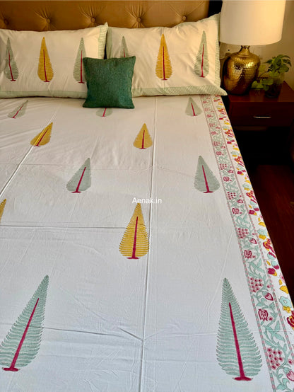 Yellow Green Cypress Handblock Premium Cotton Bedsheet Set