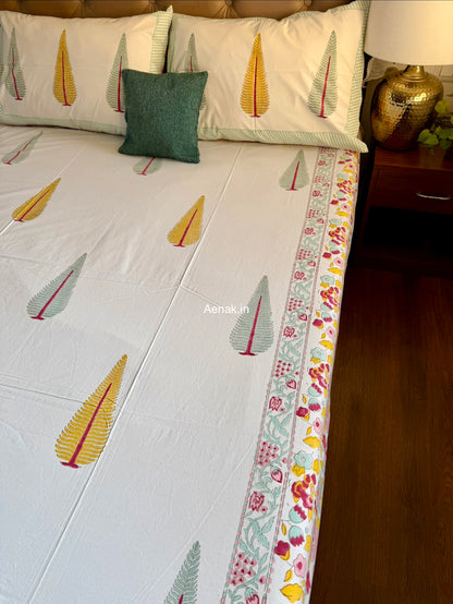 Yellow Green Cypress Handblock Premium Cotton Bedsheet Set