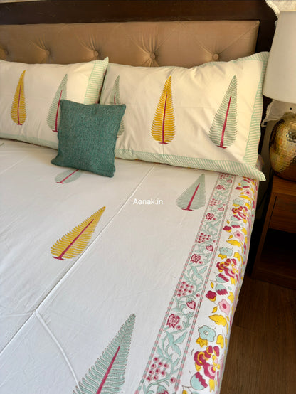 Yellow Green Cypress Handblock Premium Cotton Bedsheet Set
