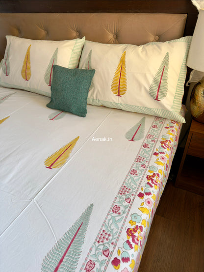 Yellow Green Cypress Handblock Premium Cotton Bedsheet Set