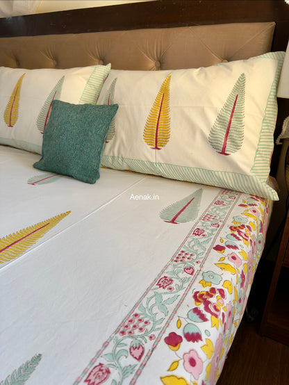 Yellow Green Cypress Handblock Premium Cotton Bedsheet Set