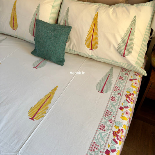 Yellow Green Cypress Handblock Premium Cotton Bedsheet Set