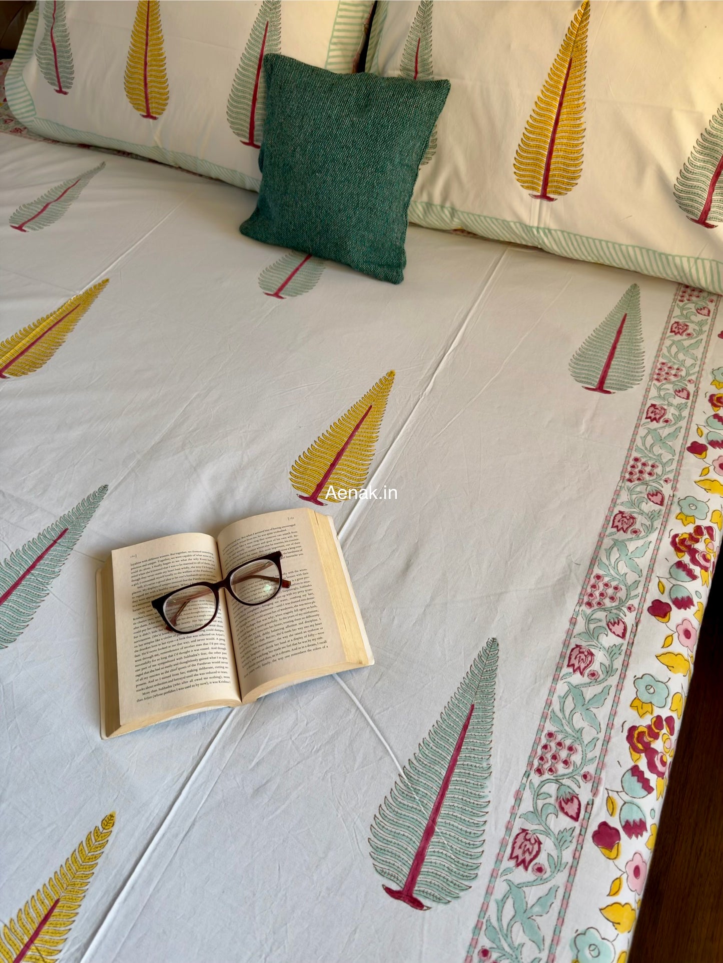 Yellow Green Cypress Handblock Premium Cotton Bedsheet Set
