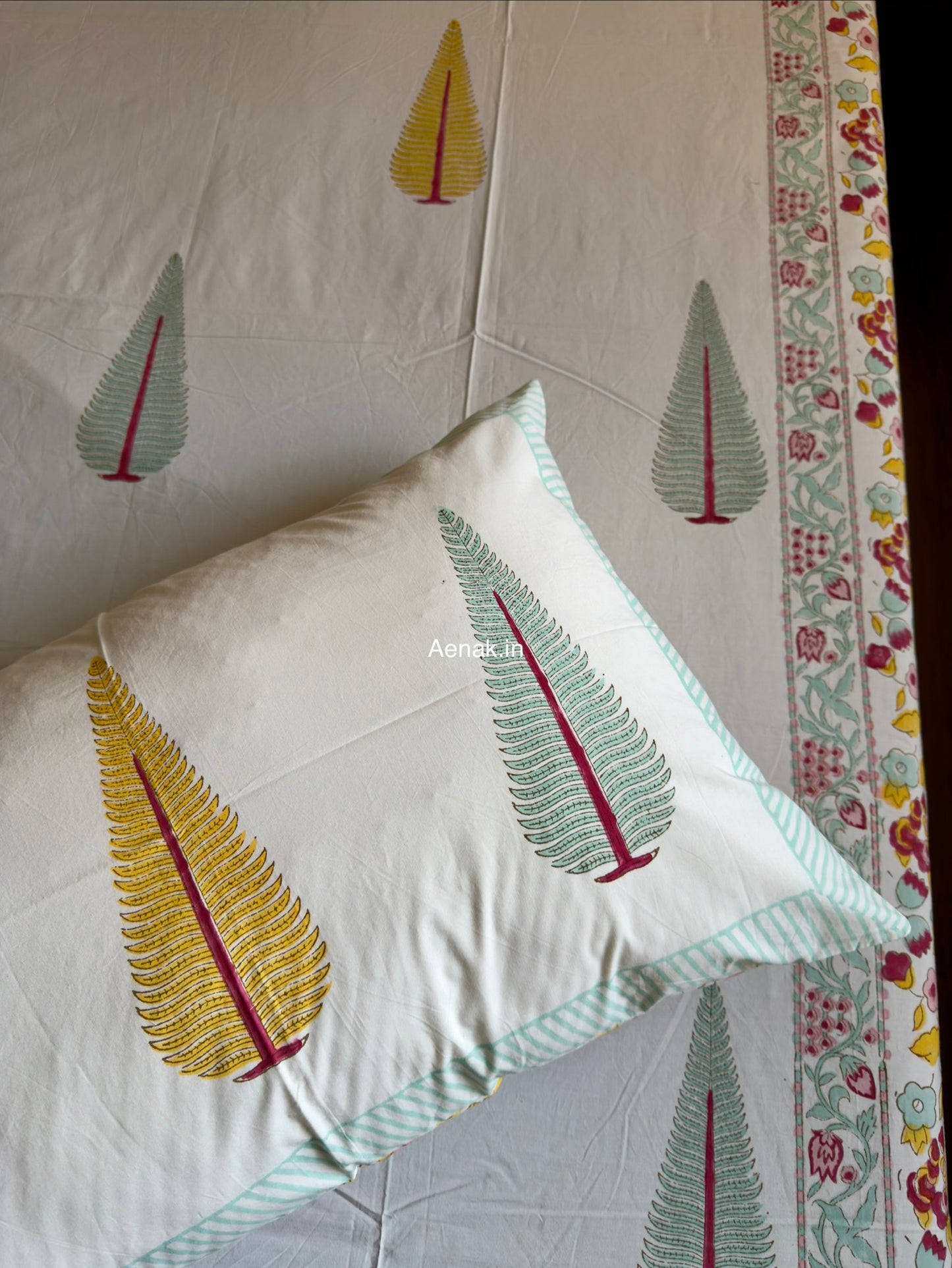 Yellow Green Cypress Handblock Premium Cotton Bedsheet Set