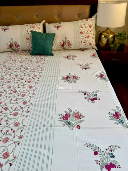 Kashmiri Boota Handblock Bedsheet + Quilted Bedcover Combo Set