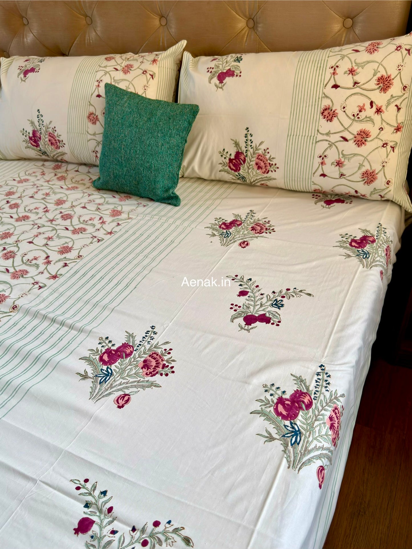 Kashmiri Boota Handblock Bedsheet + Quilted Bedcover Combo Set