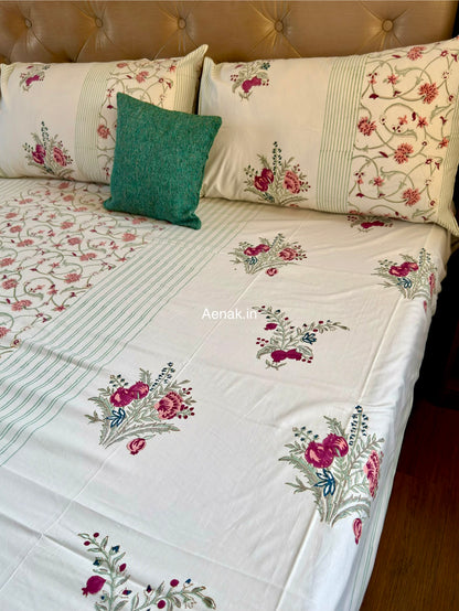 Kashmiri Boota Handblock Bedsheet + Quilted Bedcover Combo Set