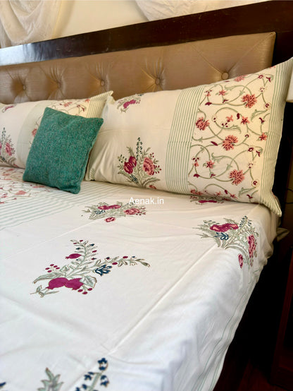 Kashmiri Boota Handblock Bedsheet + Quilted Bedcover Combo Set