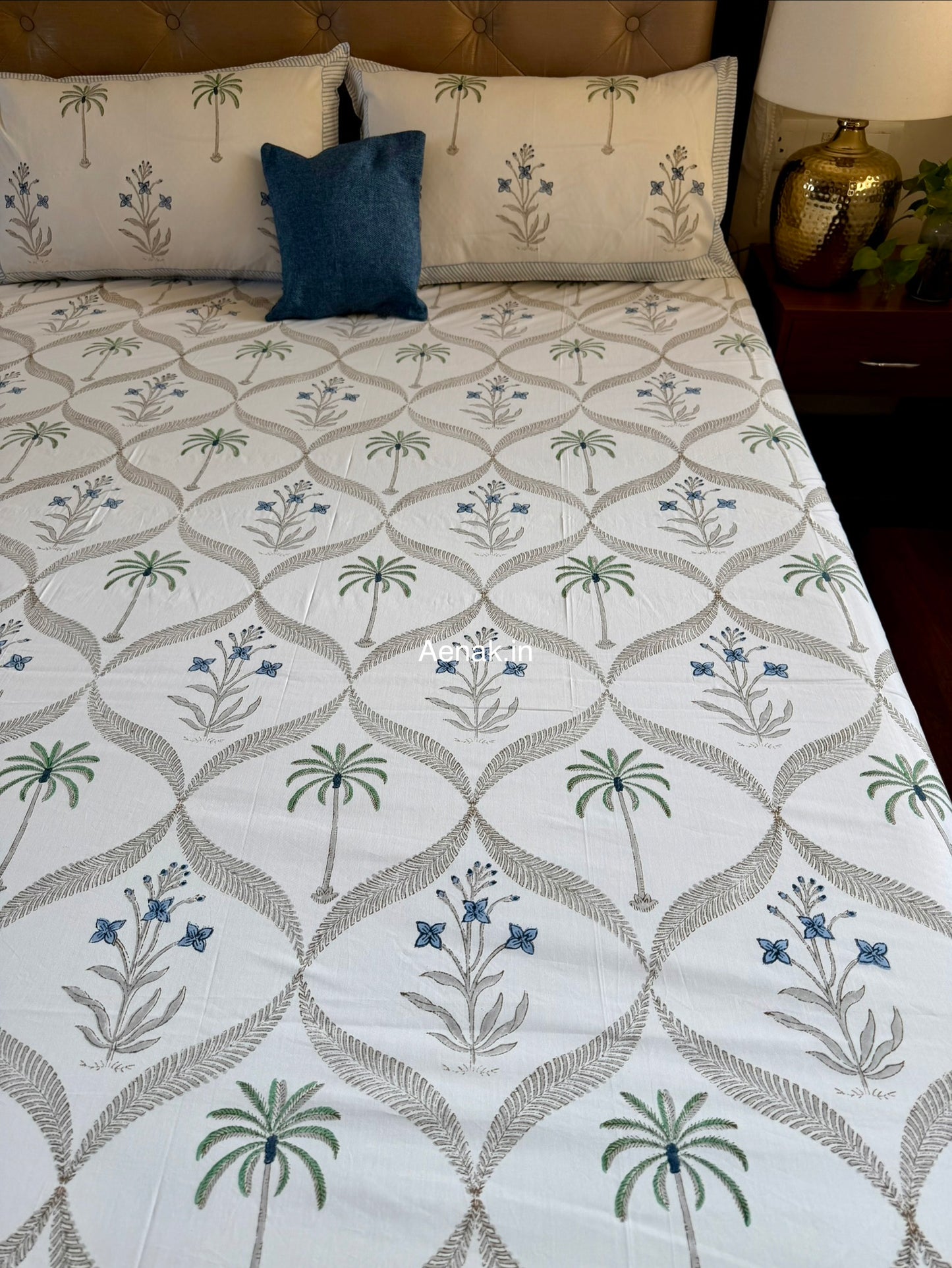 Blue Floral Jaal Handblock Bedsheet + Quilted Bedcover Combo Set