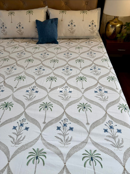 Blue Floral Jaal Handblock Bedsheet + Quilted Bedcover Combo Set