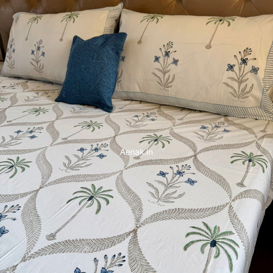 Blue Floral Palm Jaal Handblock Premium Cotton Bedsheet Set