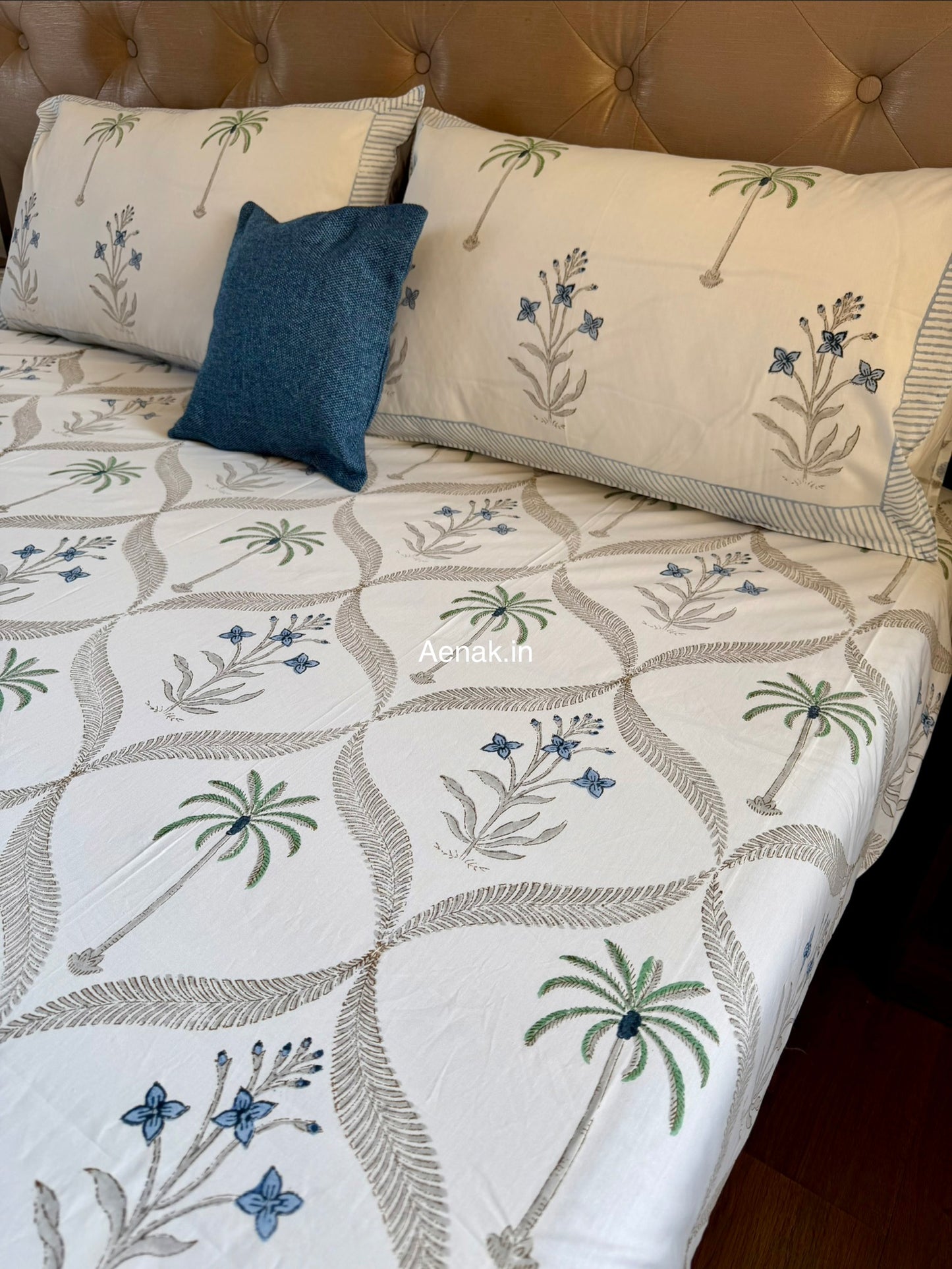 Blue Floral Jaal Handblock Bedsheet + Quilted Bedcover Combo Set