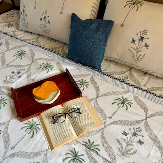 Blue Floral Palm Jaal Handblock Mulmul Cotton Reversible Dohar