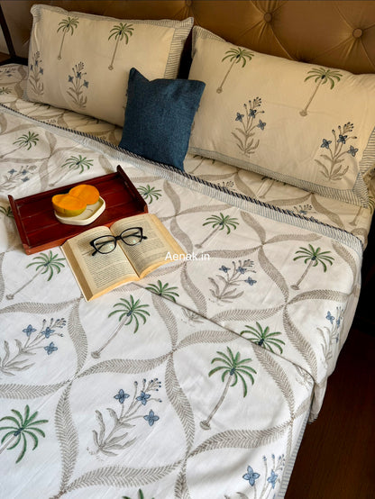 Blue Floral Palm Jaal Handblock Bedsheet + Dohar Combo Set