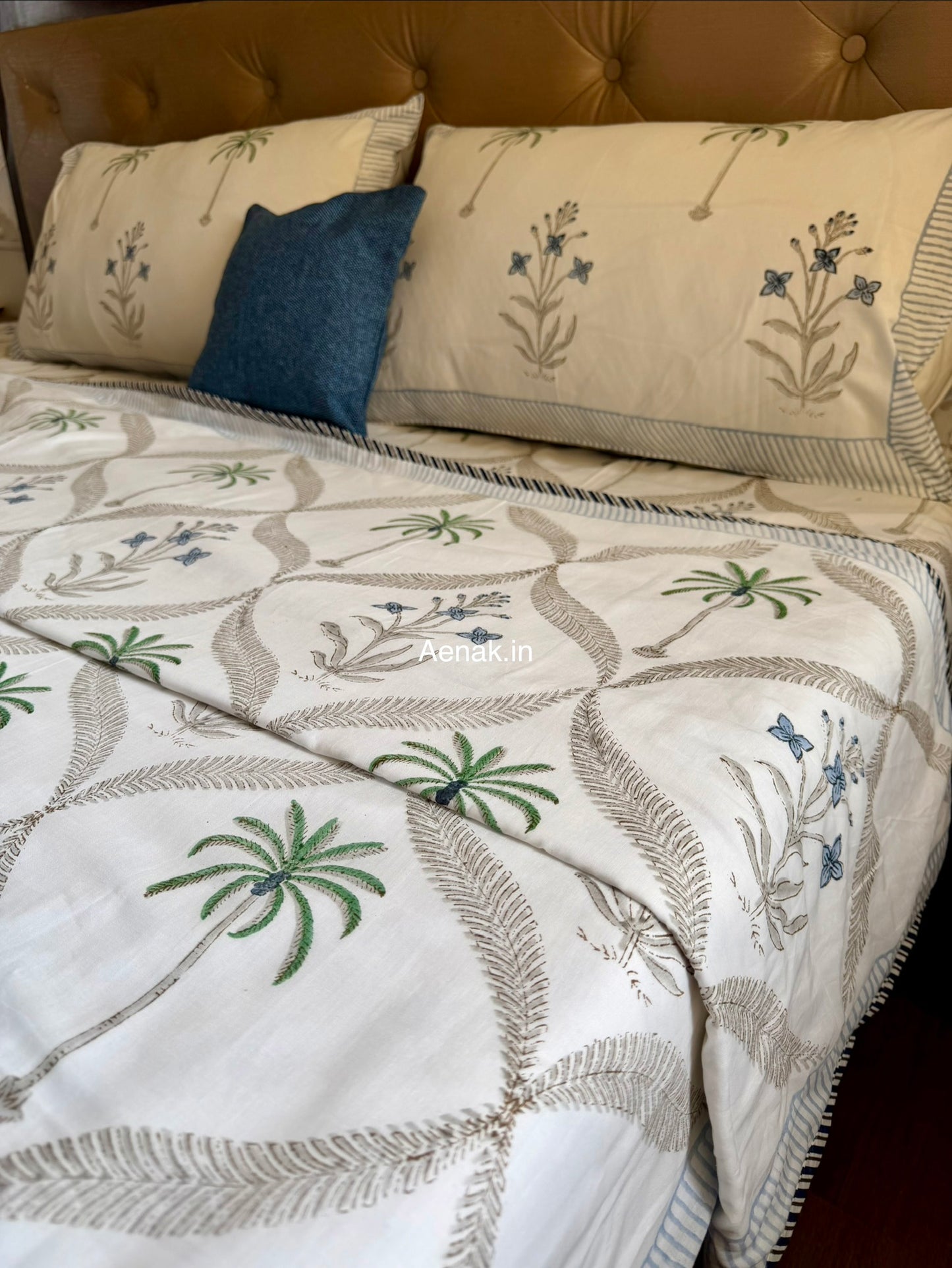 Blue Floral Palm Jaal Handblock Bedsheet + Dohar Combo Set