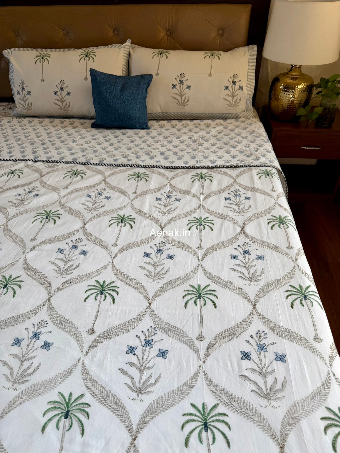 Blue Floral Palm Jaal Handblock Bedsheet + Dohar Combo Set