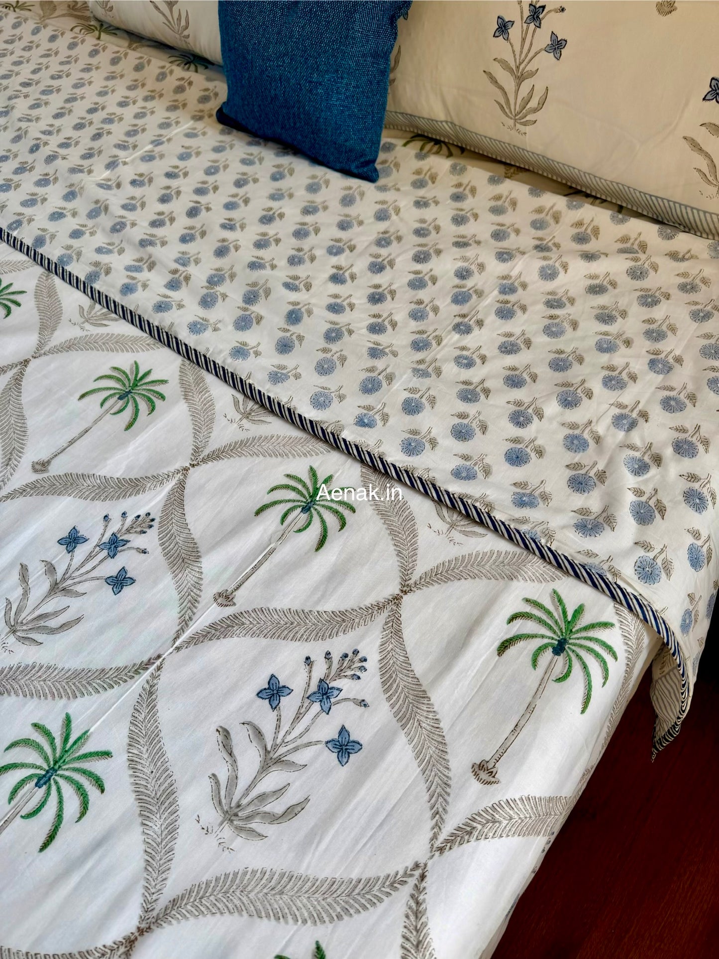 Blue Floral Palm Jaal Handblock Bedsheet + Dohar Combo Set