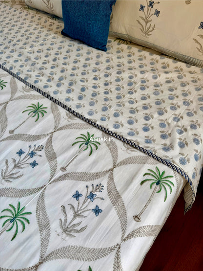 Blue Floral Palm Jaal Handblock Bedsheet + Dohar Combo Set