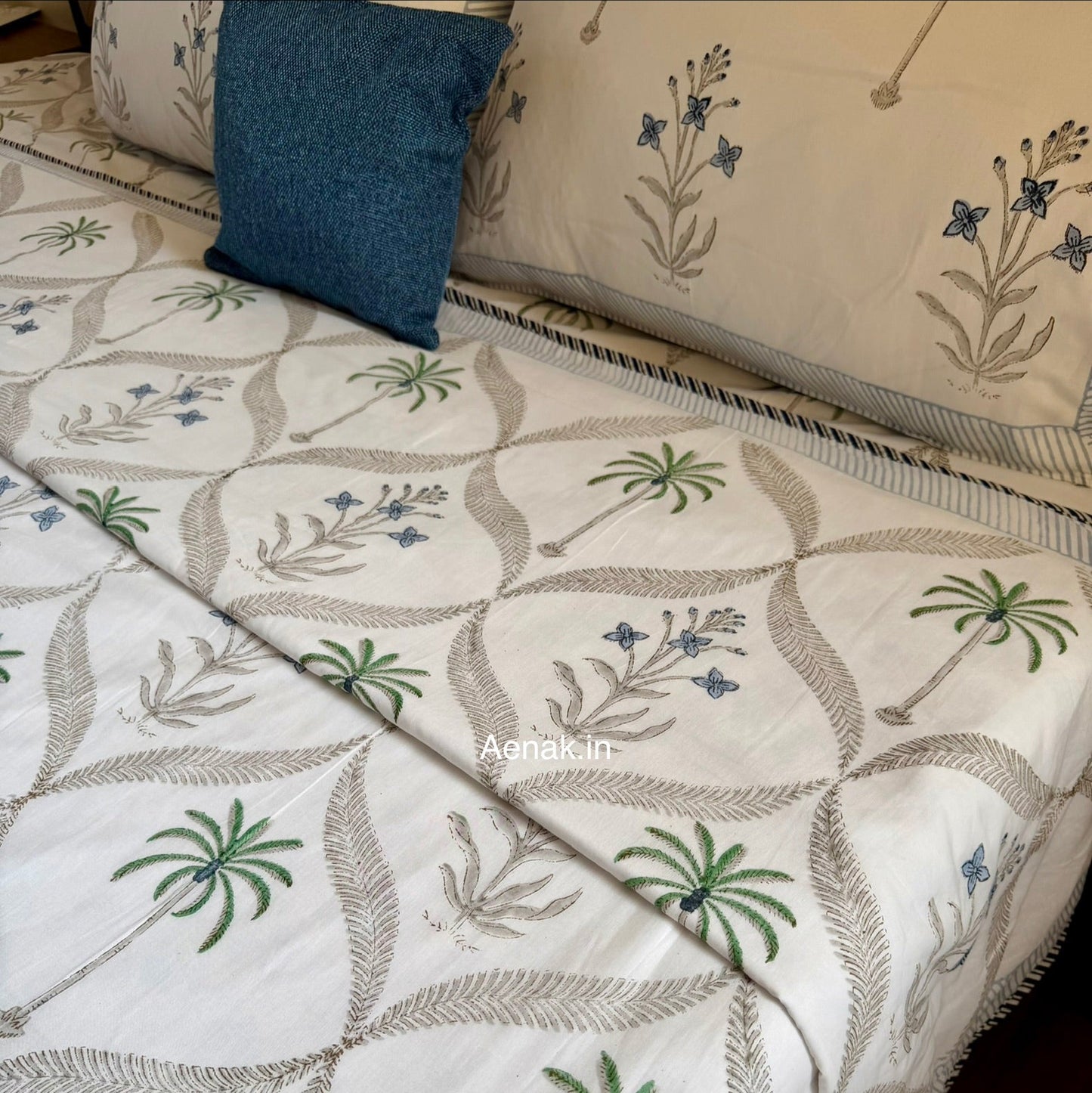Blue Floral Palm Jaal Handblock Bedsheet + Dohar Combo Set