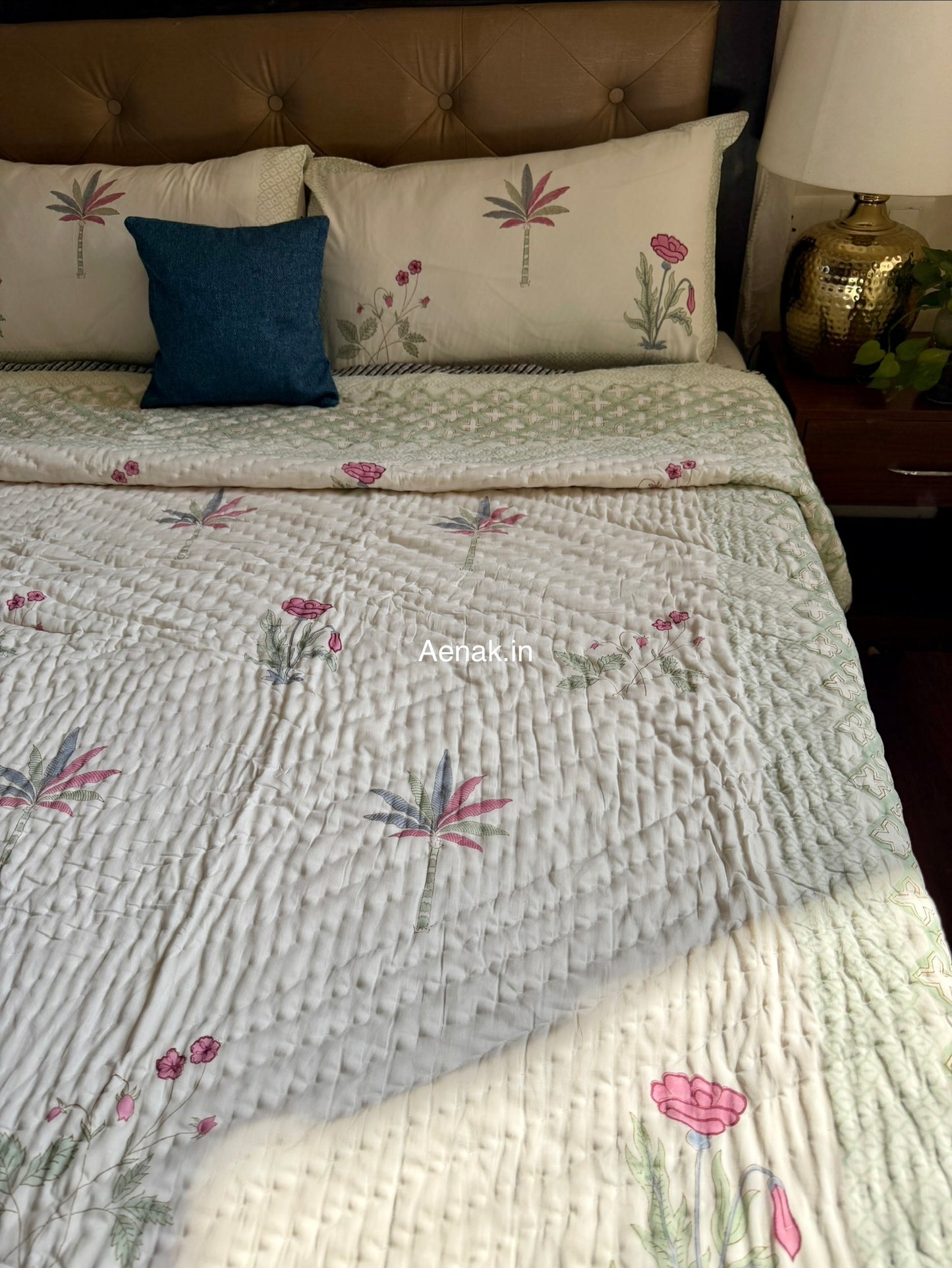Pink Blue Palm Handblock Bedsheet + Quilt Combo Set