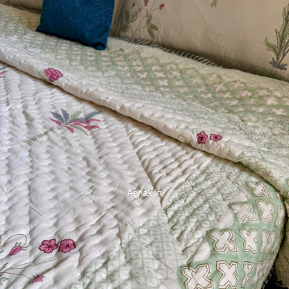 Pink Blue Palm Handblock Bedsheet + Quilt Combo Set