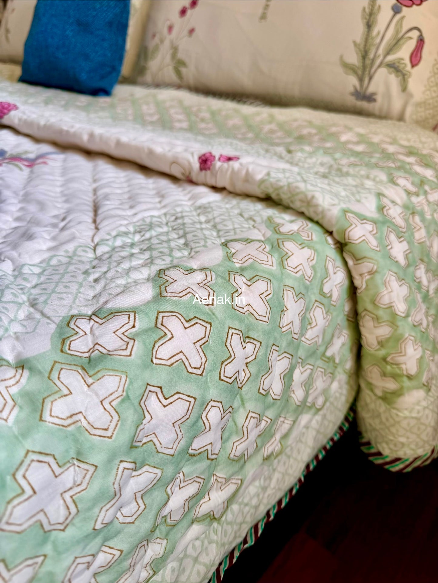 Pink Blue Palm Handblock Bedsheet + Quilt Combo Set