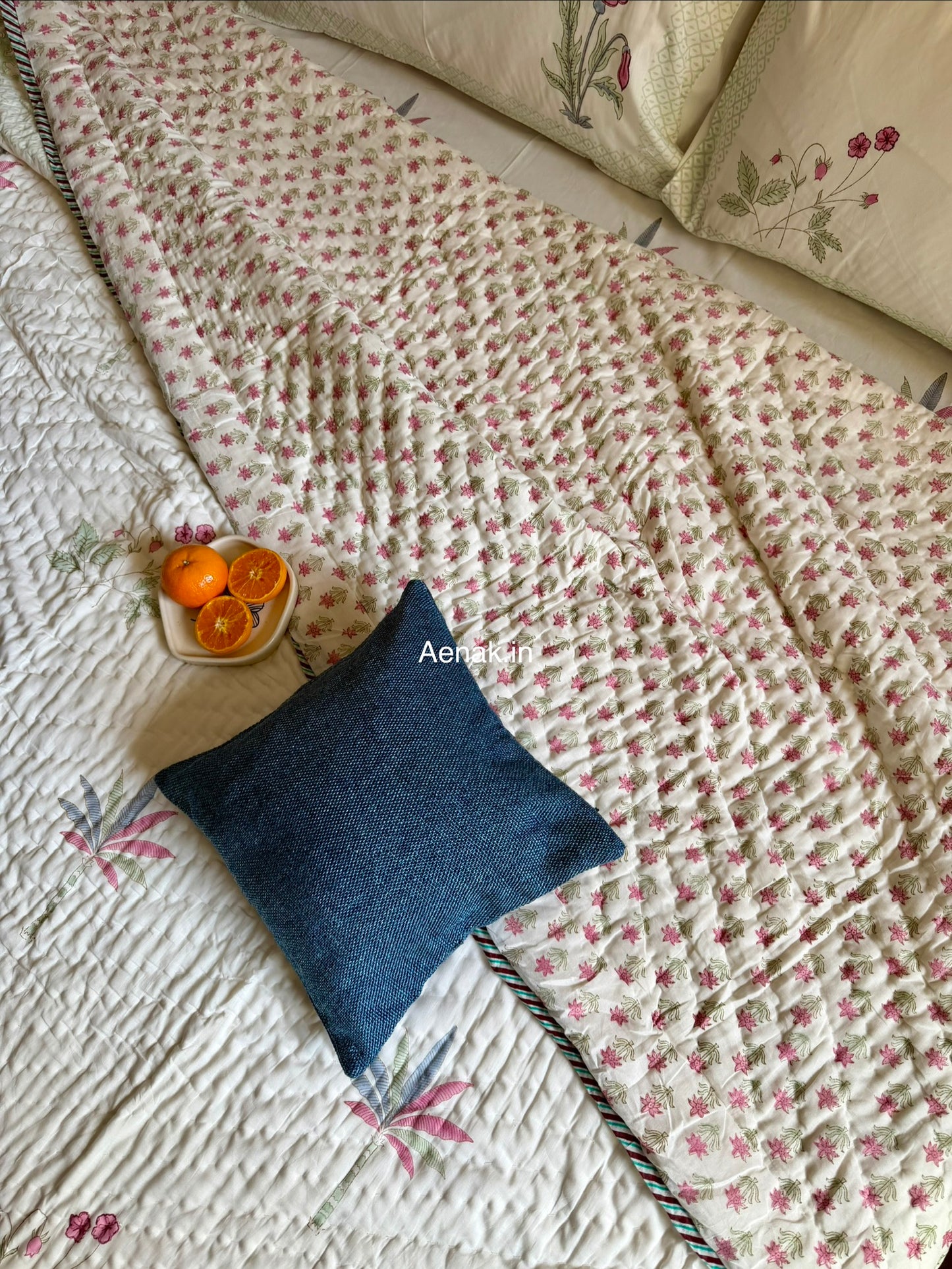 Pink Blue Palm Handblock Bedsheet + Quilt Combo Set