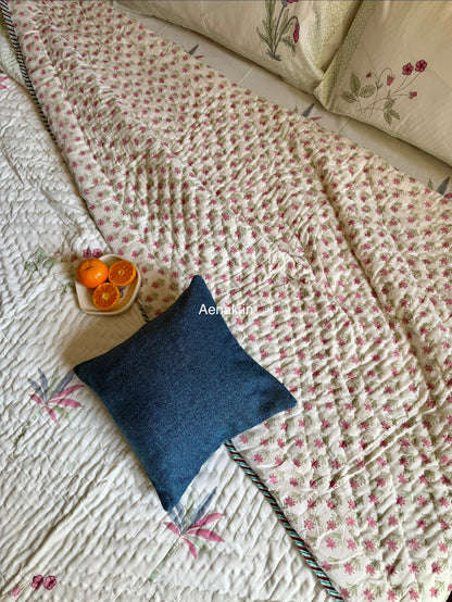 Pink Blue Palm Handblock Bedsheet + Quilt Combo Set