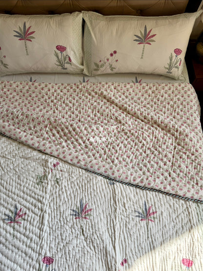 Pink Blue Palm Handblock Bedsheet + Quilt Combo Set