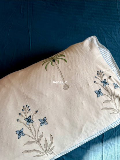 Blue Floral Jaal Handblock Bedsheet + Quilted Bedcover Combo Set
