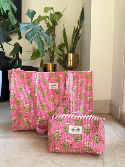 Pink Floral Garden Quilted Cotton Travel Bag + Vanity Pouch