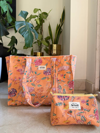 Orange Floral Garden Quilted Cotton Travel Bag + Vanity Pouch