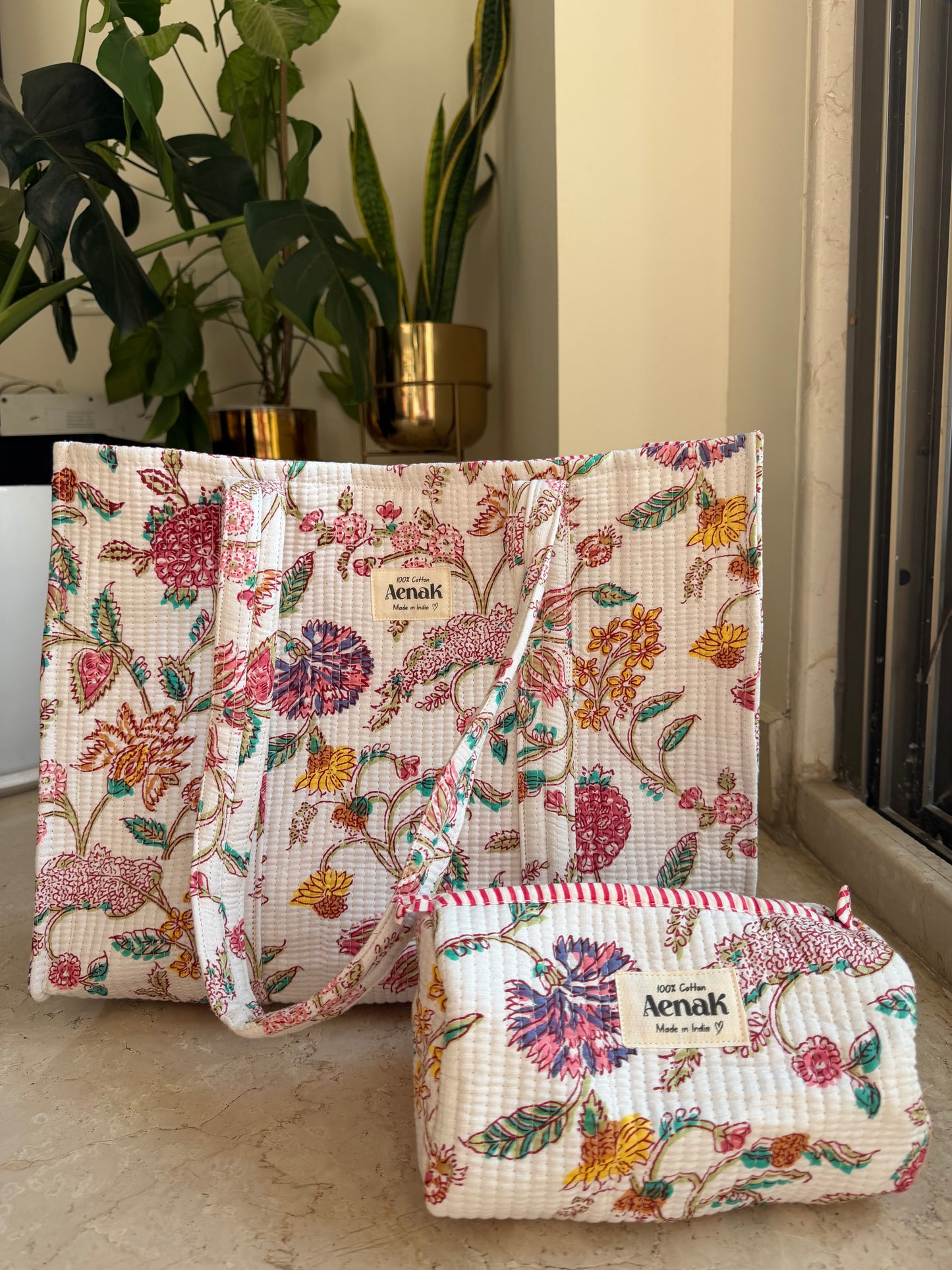 Purple & Pink Floral Garden Quilted Cotton Travel Bag + Vanity Pouch