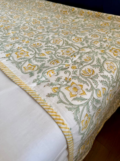 Yellow Blossom Handblock Mulmul Cotton Reversible Dohar
