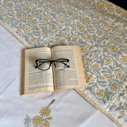 Yellow Blossom Handblock Mulmul Cotton Reversible Dohar