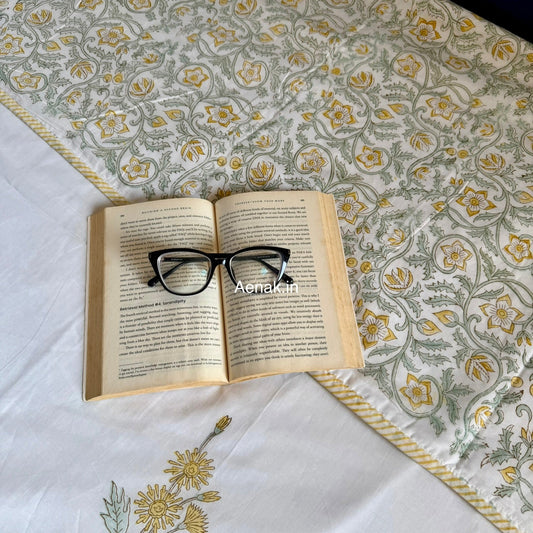 Yellow Blossom Handblock Mulmul Cotton Reversible Dohar