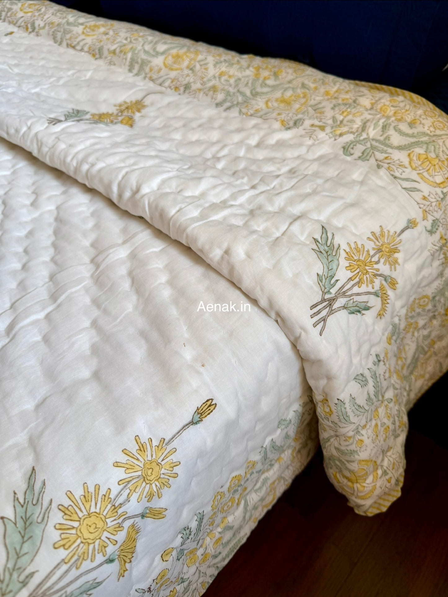 Yellow Blossom Handblock Bedsheet + Quilt Combo Set