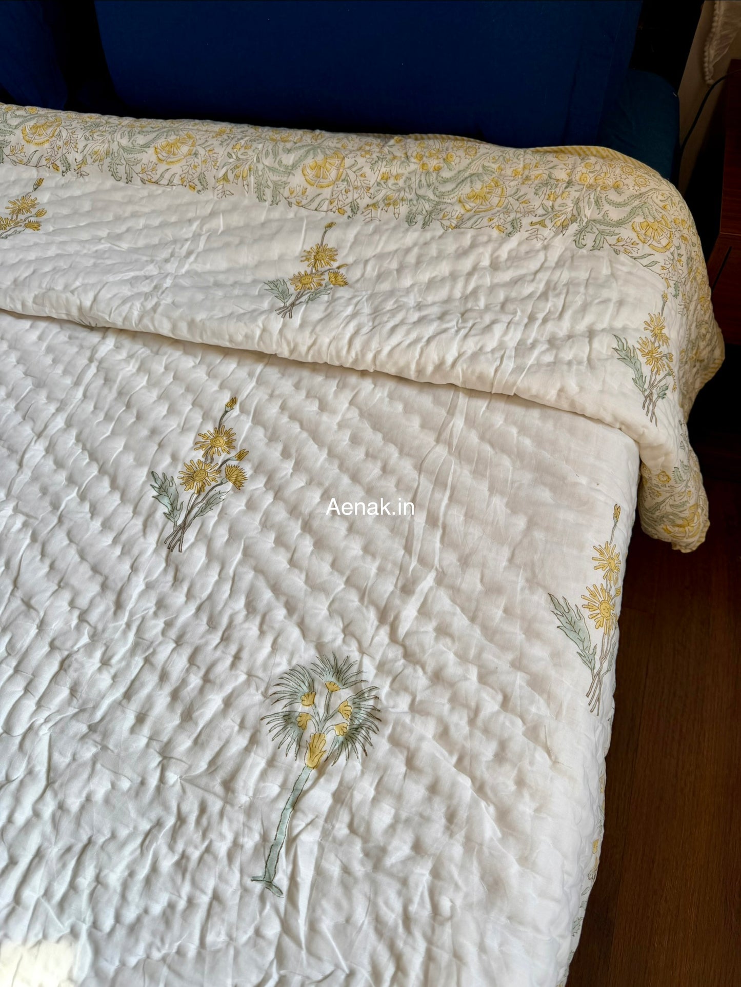 Yellow Blossom Handblock Bedsheet + Quilt Combo Set