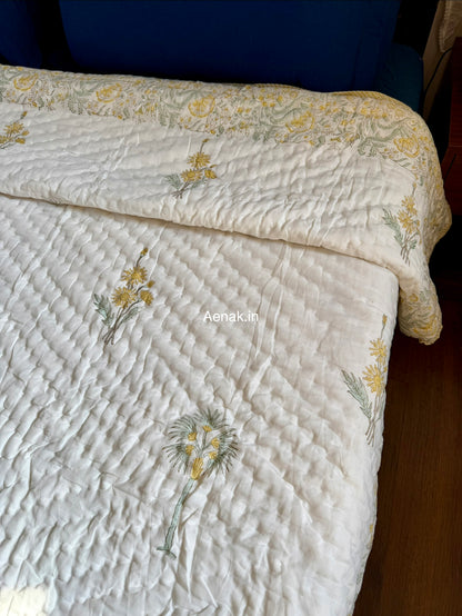 Yellow Blossom Handblock Bedsheet + Quilt Combo Set