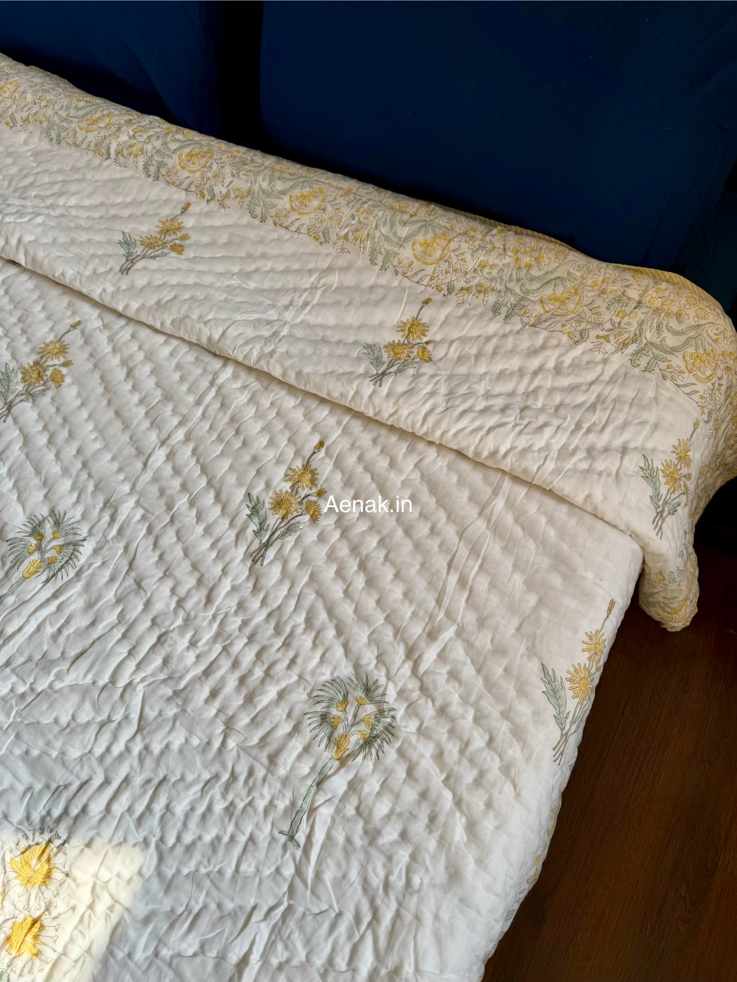 Yellow Blossom Handblock Bedsheet + Quilt Combo Set