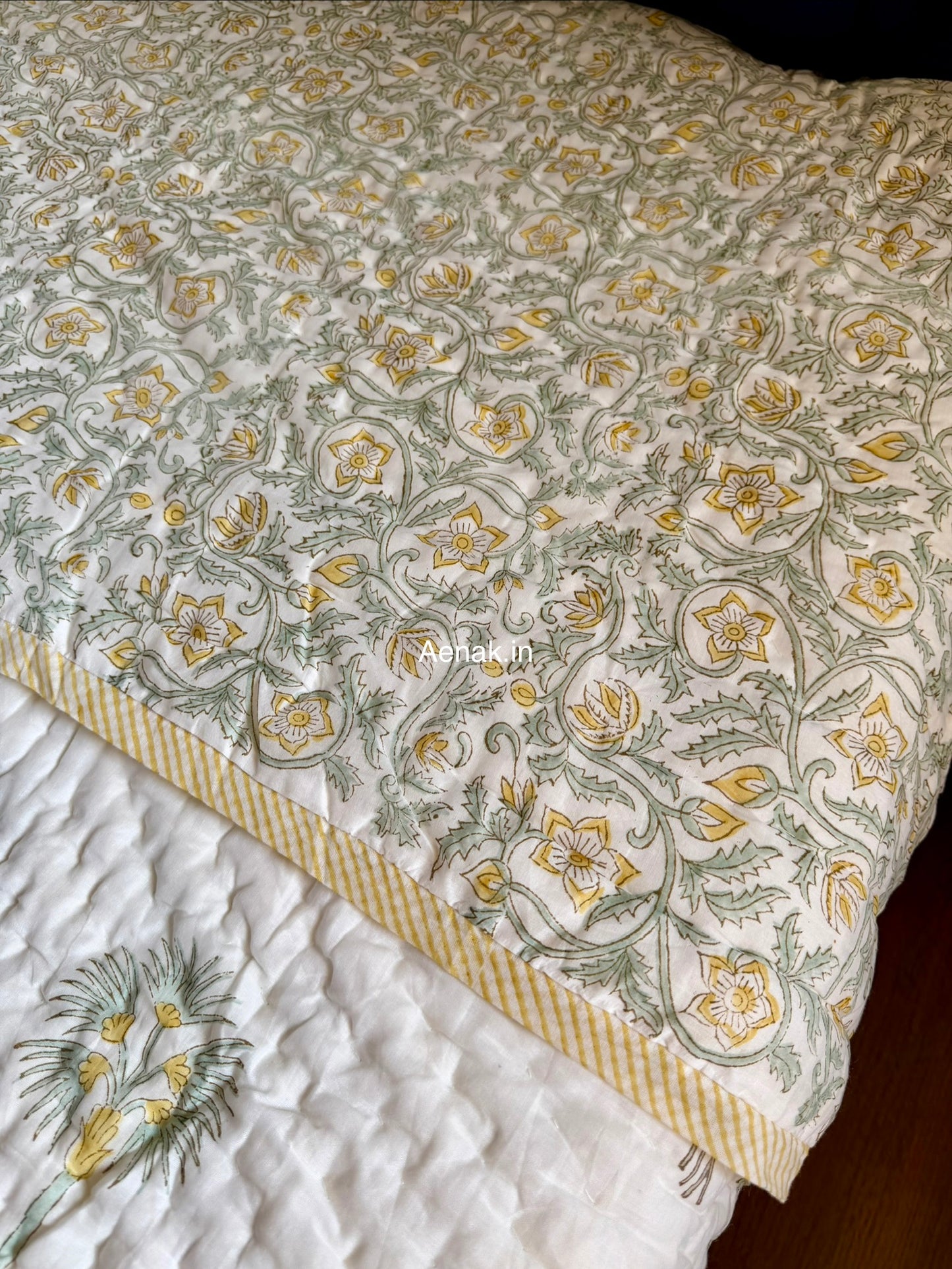 Yellow Blossom Handblock Bedsheet + Quilt Combo Set