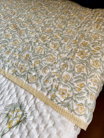 Yellow Blossom Handblock Bedsheet + Quilt Combo Set